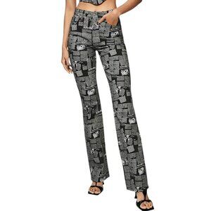 Reformation, High-Rise Bootcut Jean ‘Peyton' Zine Newspaper Print, Black Size 26